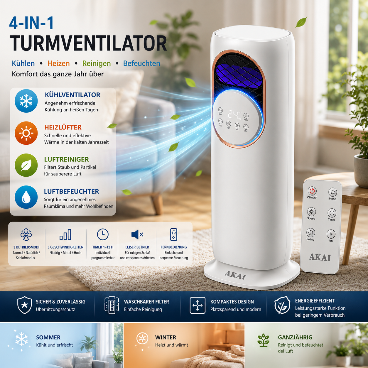 Turmventilator 4-in-1 Kühler und Heizlüfter, Luftreiniger & Luftbefeuchte Klima❄ 4-in-1 Turmventilator mit Heizfunktion