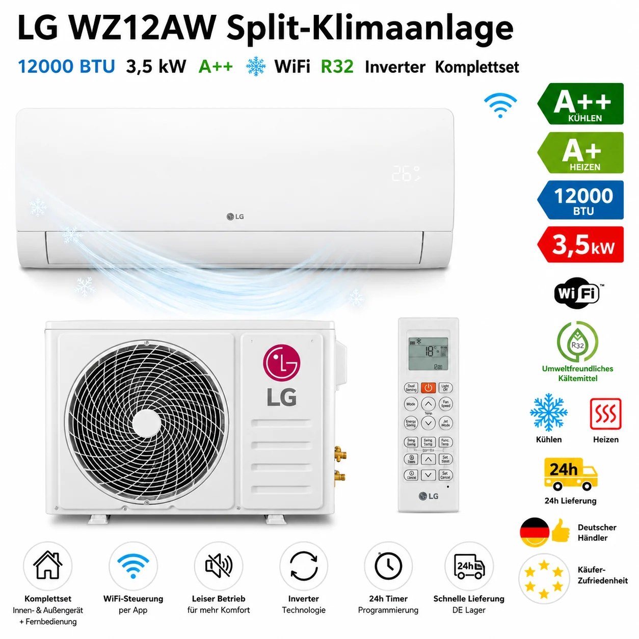 LG WZ12AW Split-Klimaanlage 12000 BTU 3,5 kW A++ WiFi R32 Inverter Komplettset ❄ LG WZ12AW Split-Klimaanlage 12000 BTU 3,5 kW A++ WiFi R32 Inverter Komplettset ❄ – Bild 1