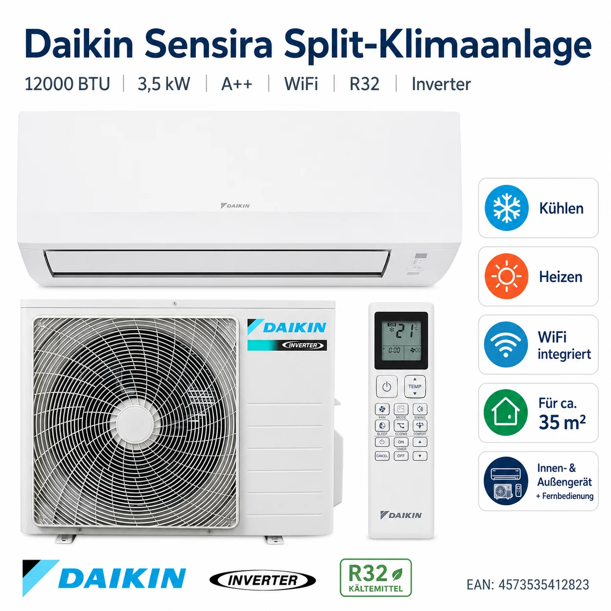 Daikin Sensira FTXC35E RXC35E Klimaanlage 12000 BTU 3,5kW A++ WiFi R32 Inverter Daikin Sensira FTXC35E RXC35E Klimaanlage 12000 BTU 3,5kW A++ WiFi R32 Inverter – Bild 1