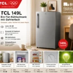TCL 149L Kühlschrank, 27L Gefrierfach, LED, XL Flaschen, leise, 101cm,verstellba