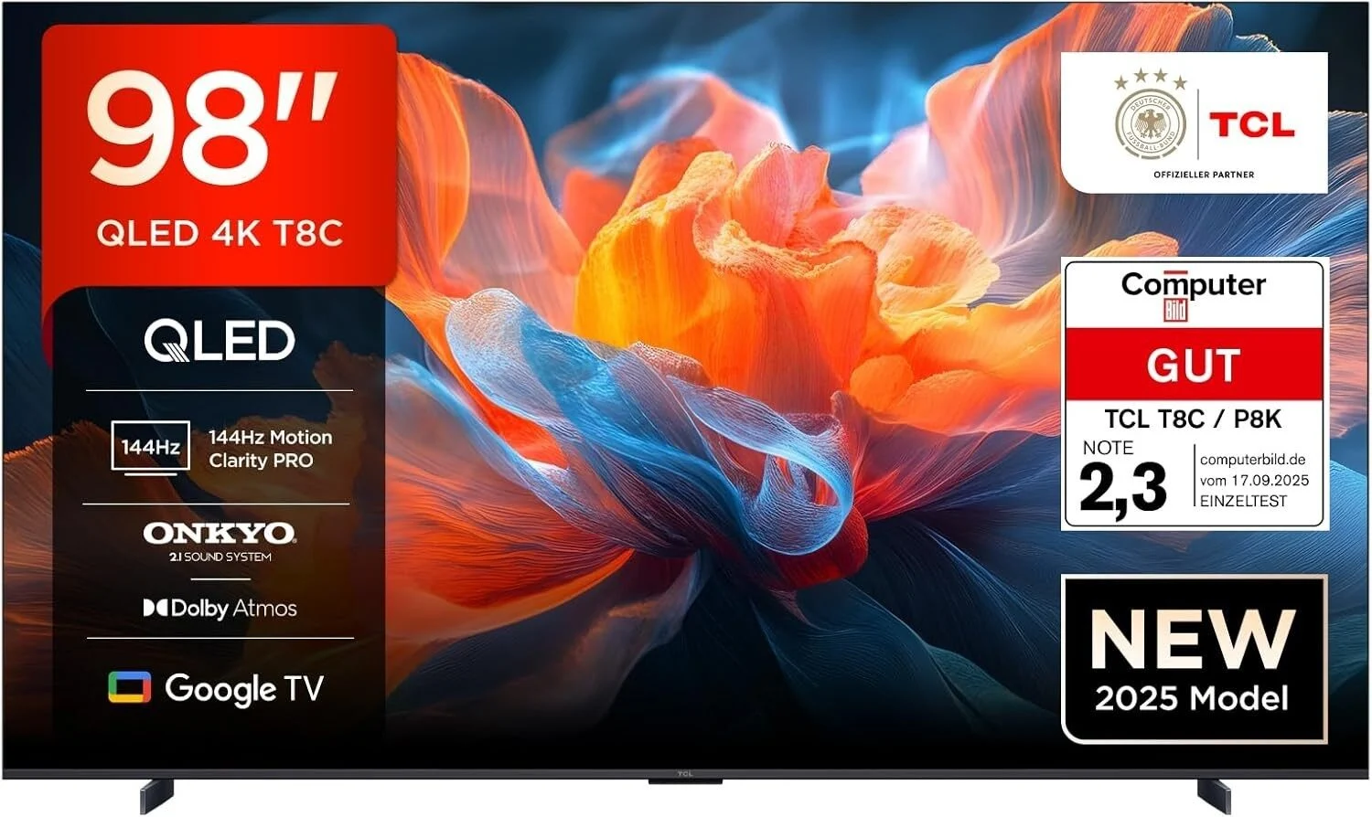 TCL 98 Zoll Fernseher, QLED 4K UHD Smart Google TV, Dolby Vision, 98T8C, HDR10+ TCL 98 Zoll Fernseher, QLED 4K UHD Smart Google TV, Dolby Vision, 98T8C, HDR10+ – Bild 1