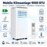 9000 BTU Mobile Klimaanlage, 4-in-1 Kühlfan Luftentfeuchter, EEK A, Schlauch Set