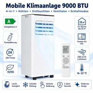 9000 BTU Mobile Klimaanlage, 4-in-1 Kühlfan Luftentfeuchter, EEK A, Schlauch Set