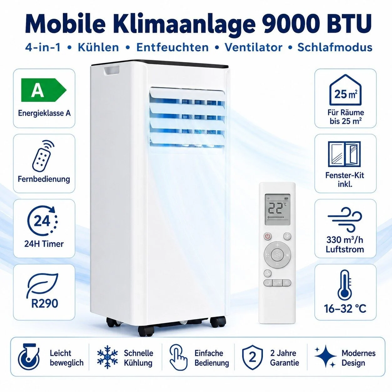 9000 BTU Mobile Klimaanlage, 4-in-1 Kühlfan Luftentfeuchter, EEK A, Schlauch Set 9000 BTU Mobile Klimaanlage, 4-in-1 Kühlfan Luftentfeuchter, EEK A, Schlauch Set – Bild 1