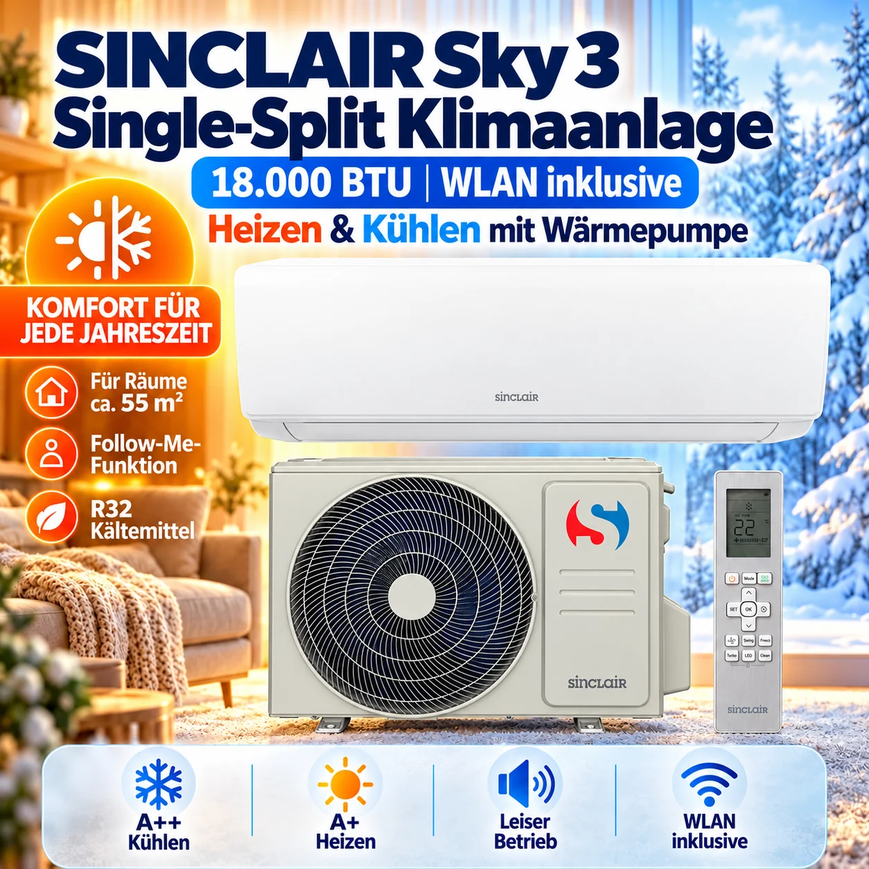 Sinclair Sky 3 Split-Klimaanlage 18000 BTU WLAN R32 A++ Inverter Wärmepumpe Set Sinclair Sky 3 SIM-18BS3E Split-Klimaanlage WLAN – Bild 1