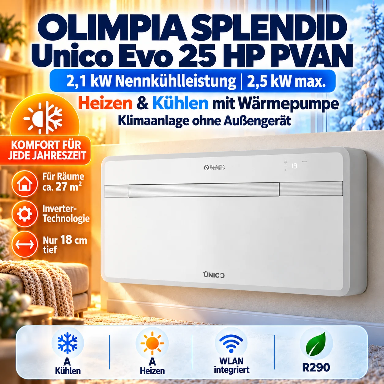 Olimpia Splendid Unico Evo 25 HP PVAN Klimaanlage ohne Außengerät WLAN R290 A Olimpia Splendid Unico Evo 25 HP PVAN Klimaanlage – Bild 1