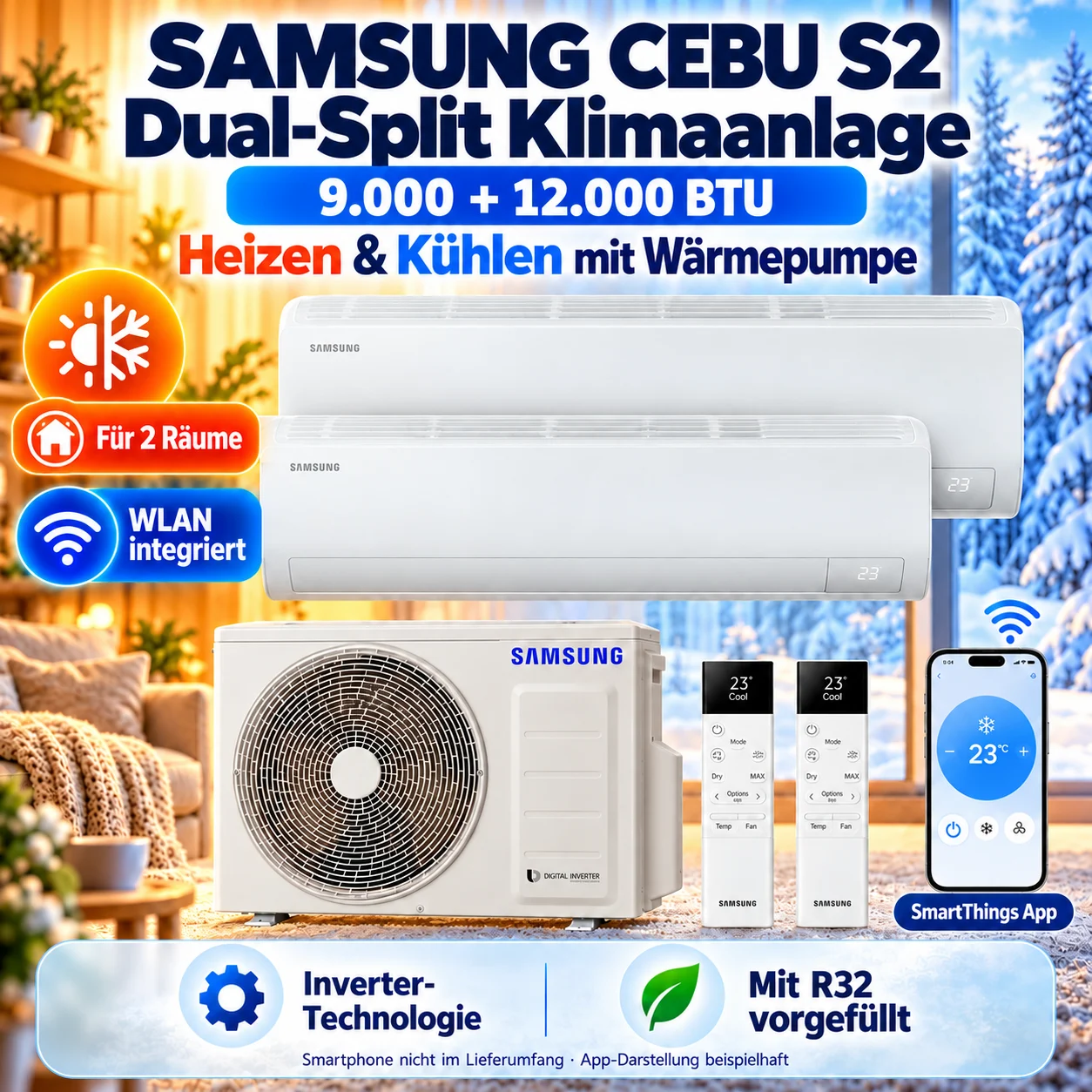 Samsung Cebu S2 Dual Split Klimaanlage 9000+12000 BTU WLAN R32 Inverter Heizen Samsung Cebu S2 Dual-Split 9000+12000 BTU WLAN – Bild 1