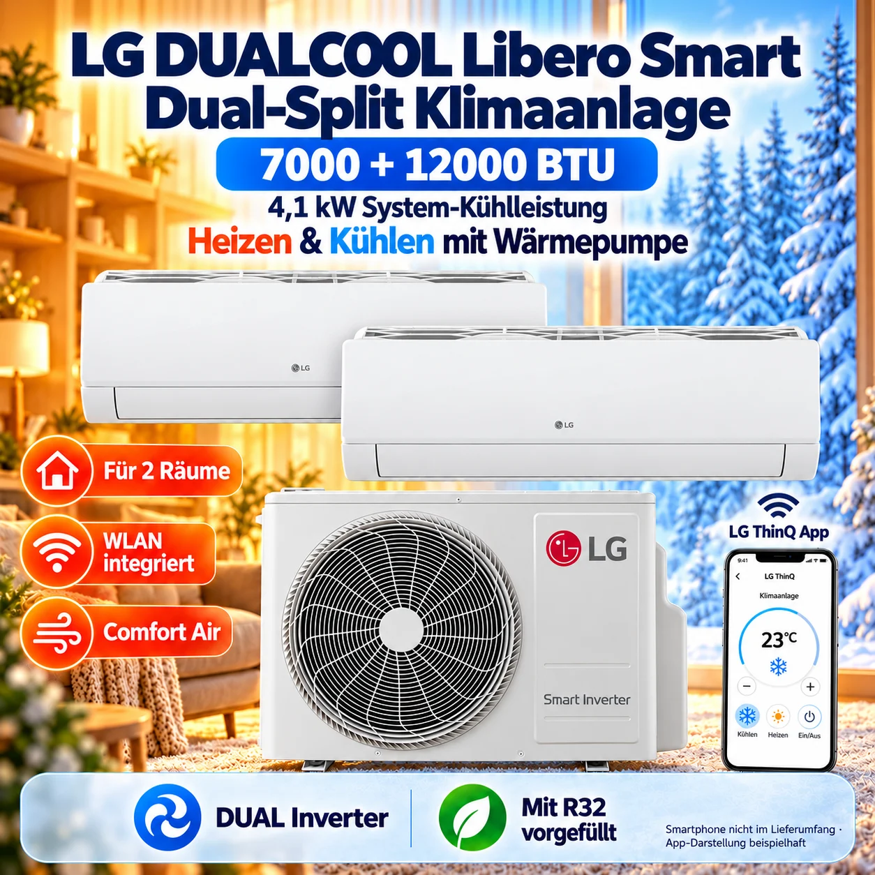 LG DUALCOOL Libero Smart Dual Split Klimaanlage 7000+12000 BTU WLAN R32 Inverter LG DUALCOOL Libero Smart Dual Split Klimaanlage 7000+12000 BTU WLAN R32 Inverter