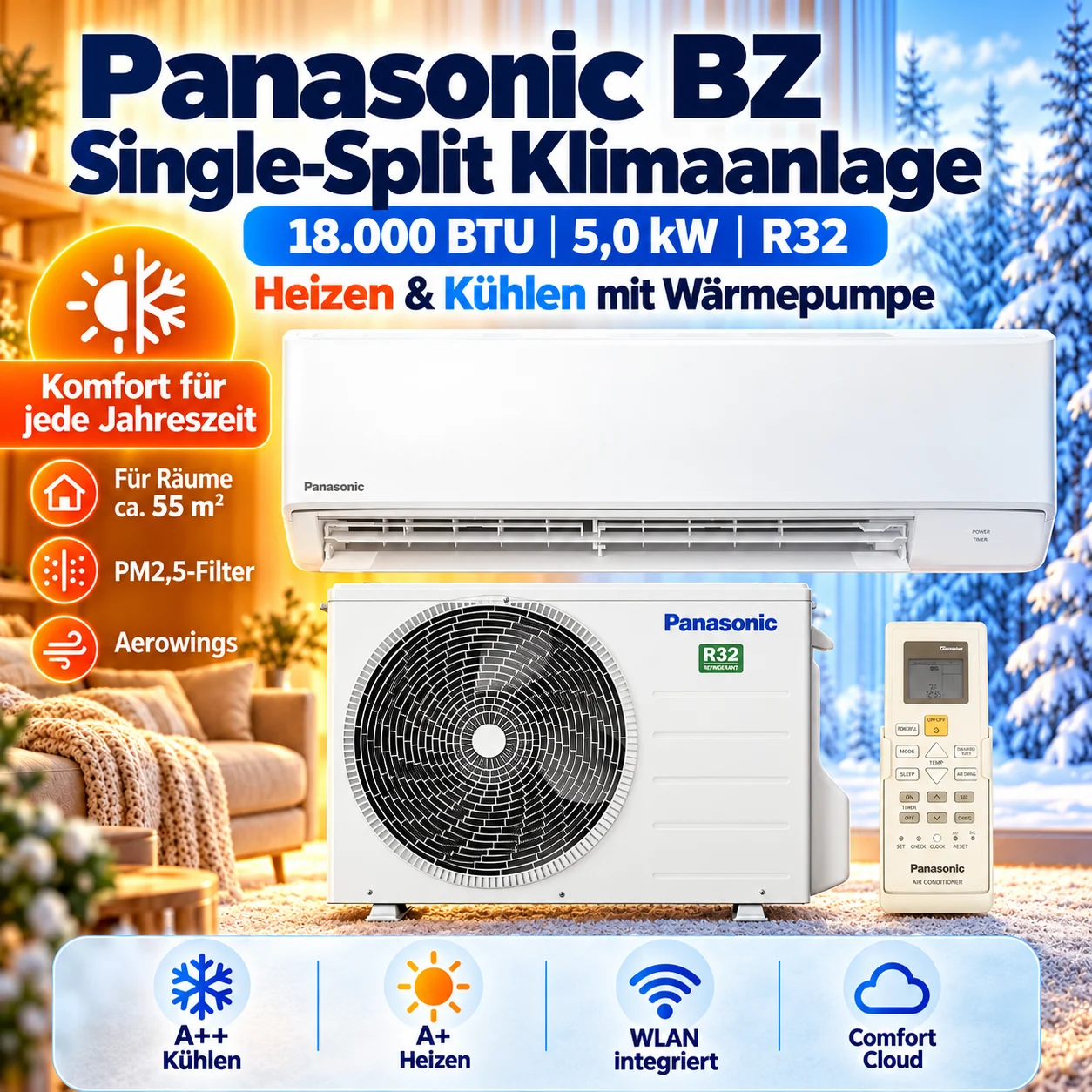Panasonic BZ50CKE Split Klimaanlage 18000 BTU 5,0 kW WLAN R32 A++ Inverter Set Panasonic KIT-BZ50-CKE Split-Klimaanlage 5,0 kW WLAN – Bild 1