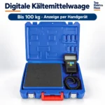 Digitale Kältemittelwaage mit LCD-Handgerät und Spiralkabel im blauen Koffer