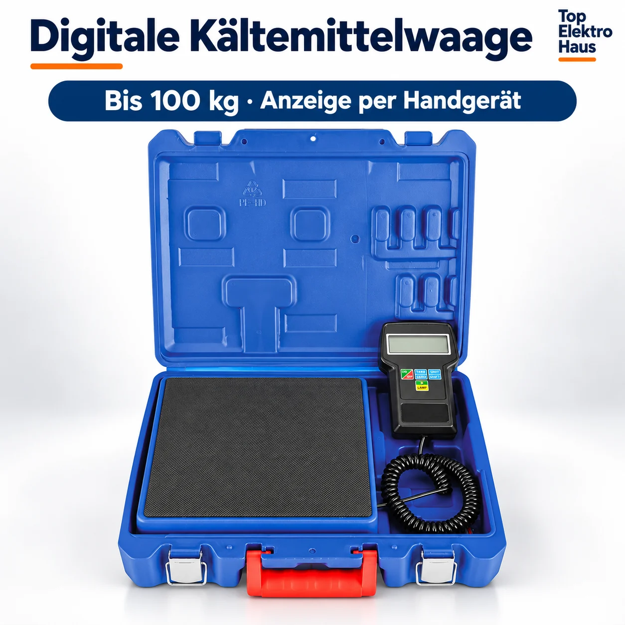 bi100k-hero Digitale Kältemittelwaage mit LCD-Handgerät und Spiralkabel im blauen Koffer