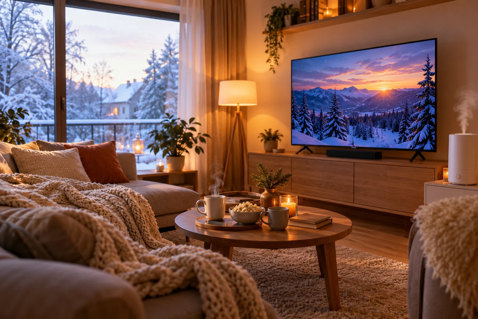 Technik für gemütliche Winterabende im Wohnzimmer mit Fernseher und winterlicher Aussicht