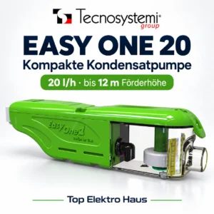 Marketingübersicht der Tecnosystemi EASY ONE 20 Kondensatpumpe mit grünem Gehäuse