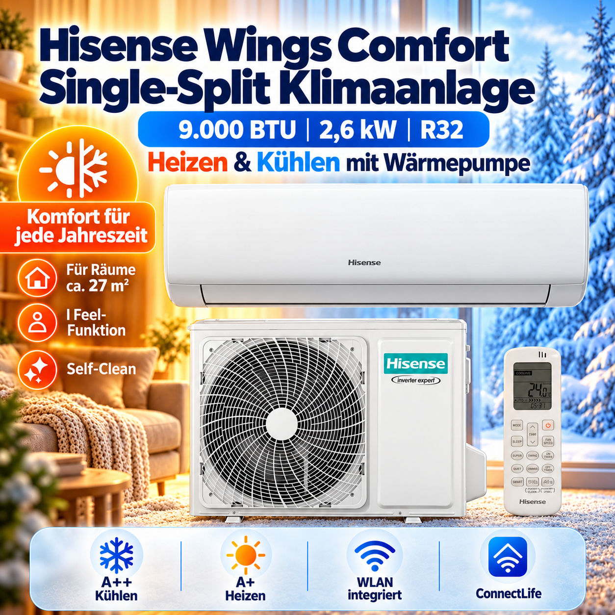 Hisense Wings Comfort 9000 BTU mit Innen- und Außengerät, WLAN und Fernbedienung