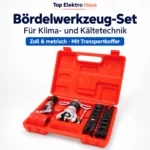 Exzenter-Bördelgerät mit zwei Spannleisten, Rohrschneider und Entgrater im roten Koffer