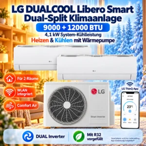 LG Libero Smart Dual-Split mit EZ09CSN.CSJ1, EZ12CSN.CSJ1 und MU2R15.U18A0 – 9000+12000 BTU, 4,1 kW Kühlleistung