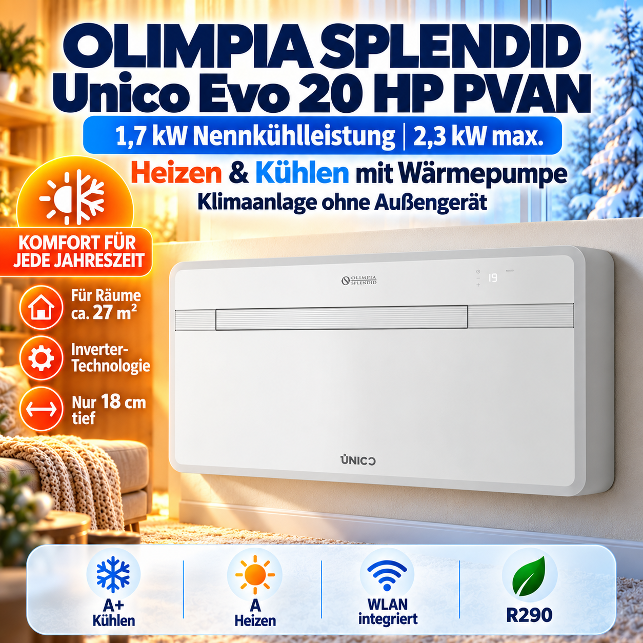 Olimpia Splendid Unico Evo 20 HP PVAN als festes Wandgerät ohne separate Außeneinheit