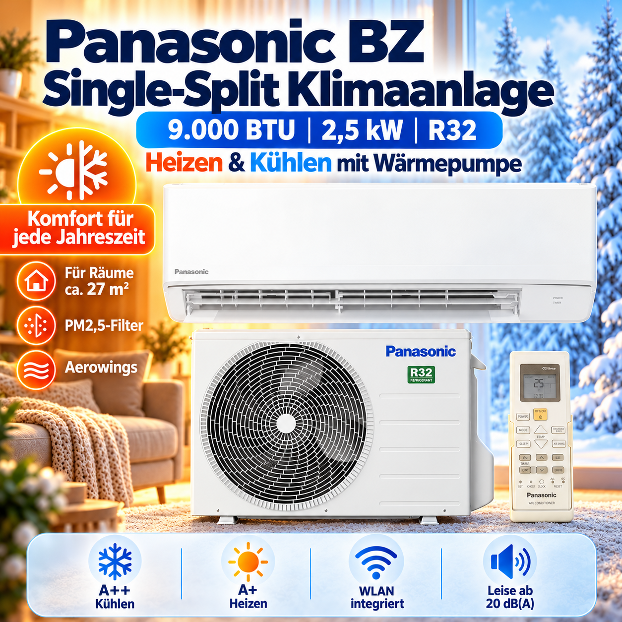 Panasonic BZ25CKE 9000 BTU mit kompakter Inneneinheit, Außengerät und Fernbedienung