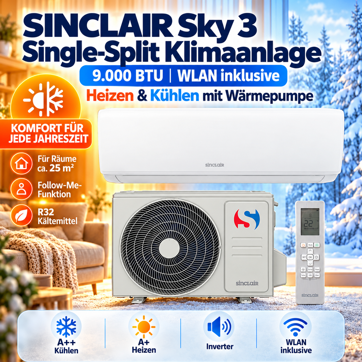 Sinclair Sky 3 9000 BTU als Split-Set mit Innen- und Außengerät sowie Fernbedienung