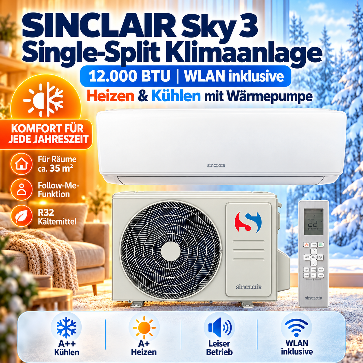 Sinclair Sky 3 12000 BTU Split-Klimaanlage mit WLAN zum Kühlen und Heizen