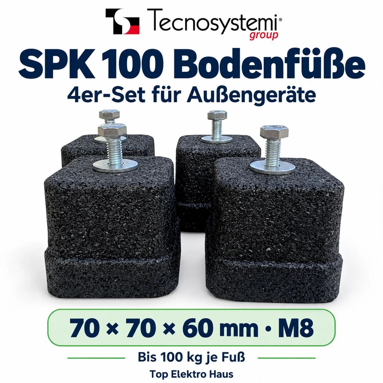 spk100-hero Marketingübersicht: vier Tecnosystemi SPK 100 Gummi-Bodenfüße mit M8-Schrauben
