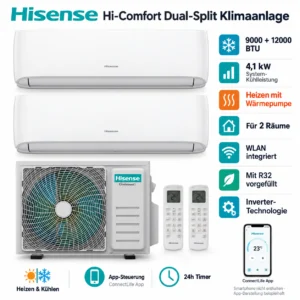 Hisense HiComfort Dual Split Klimaanlage 9000+12000 BTU WLAN R32 Inverter Heizen