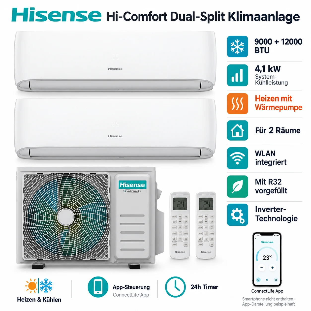 Hisense HiComfort Dual Split Klimaanlage 9000+12000 BTU WLAN R32 Inverter Heizen Hisense HiComfort Dual Split Klimaanlage 9000+12000 BTU WLAN R32 Inverter Heizen
