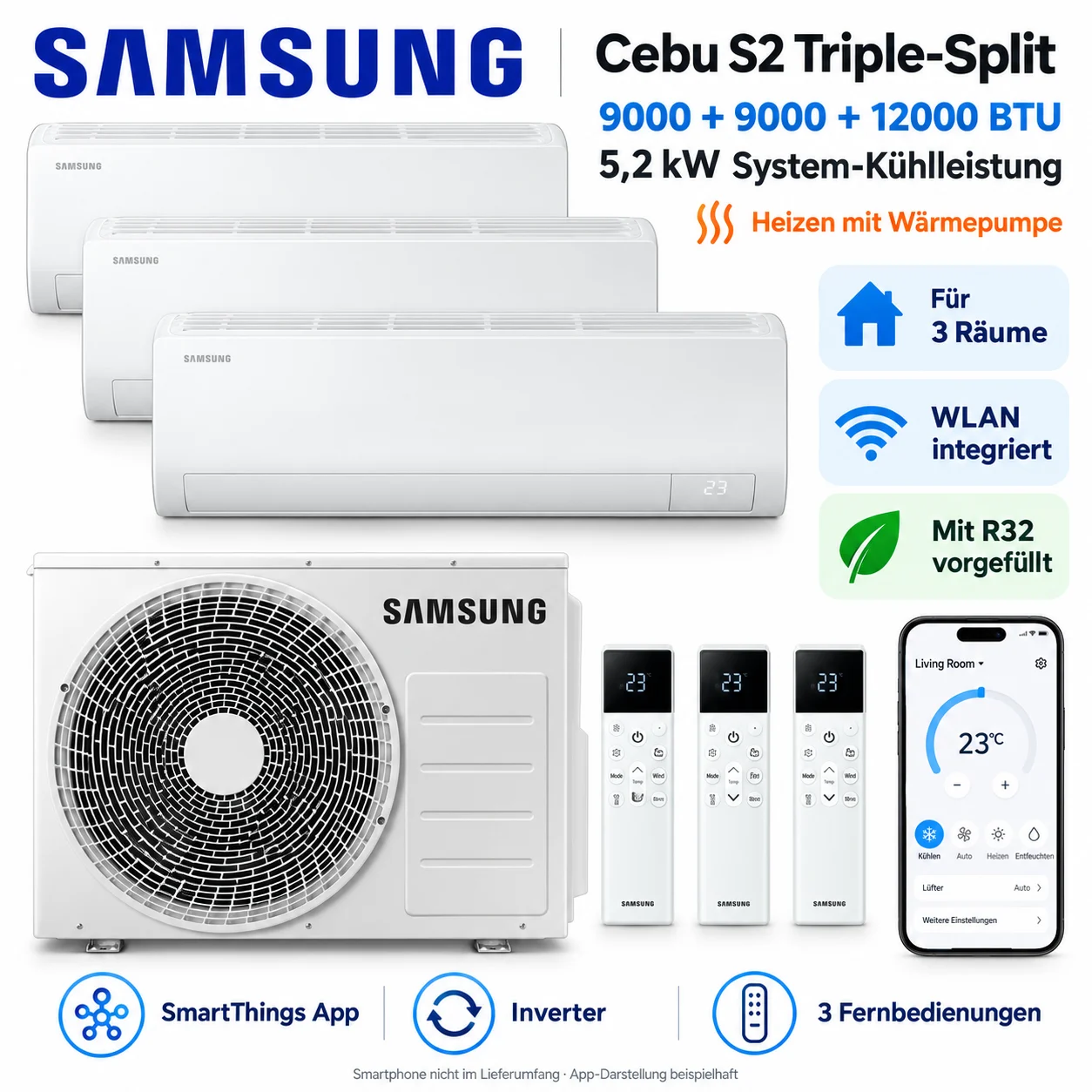 Samsung Cebu S2 Triple Split Klimaanlage 9000+9000+12000 BTU WLAN R32 Inverter Samsung Cebu S2 Triple Split Klimaanlage 9000+9000+12000 BTU WLAN R32 Inverter