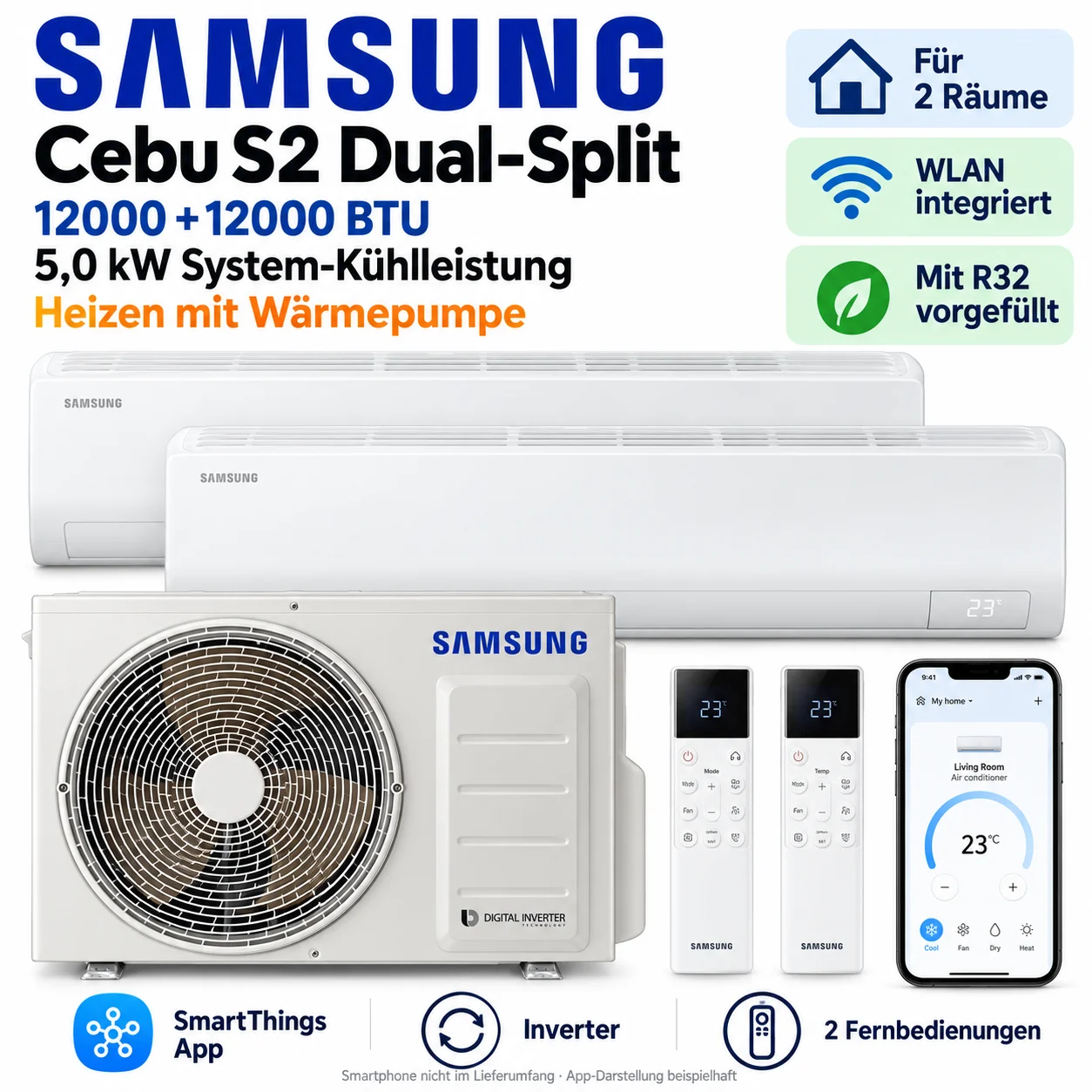 Samsung Cebu S2 Dual Split Klimaanlage 12000+12000 BTU WLAN R32 Inverter Heizen Samsung Cebu S2 Dual Split Klimaanlage 12000+12000 BTU WLAN R32 Inverter Heizen