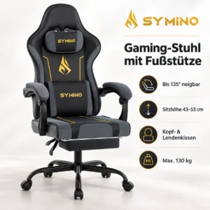SYMINO Gaming Stuhl Schwarz Fußstütze Bürostuhl Drehstuhl höhenverstellbar 135°