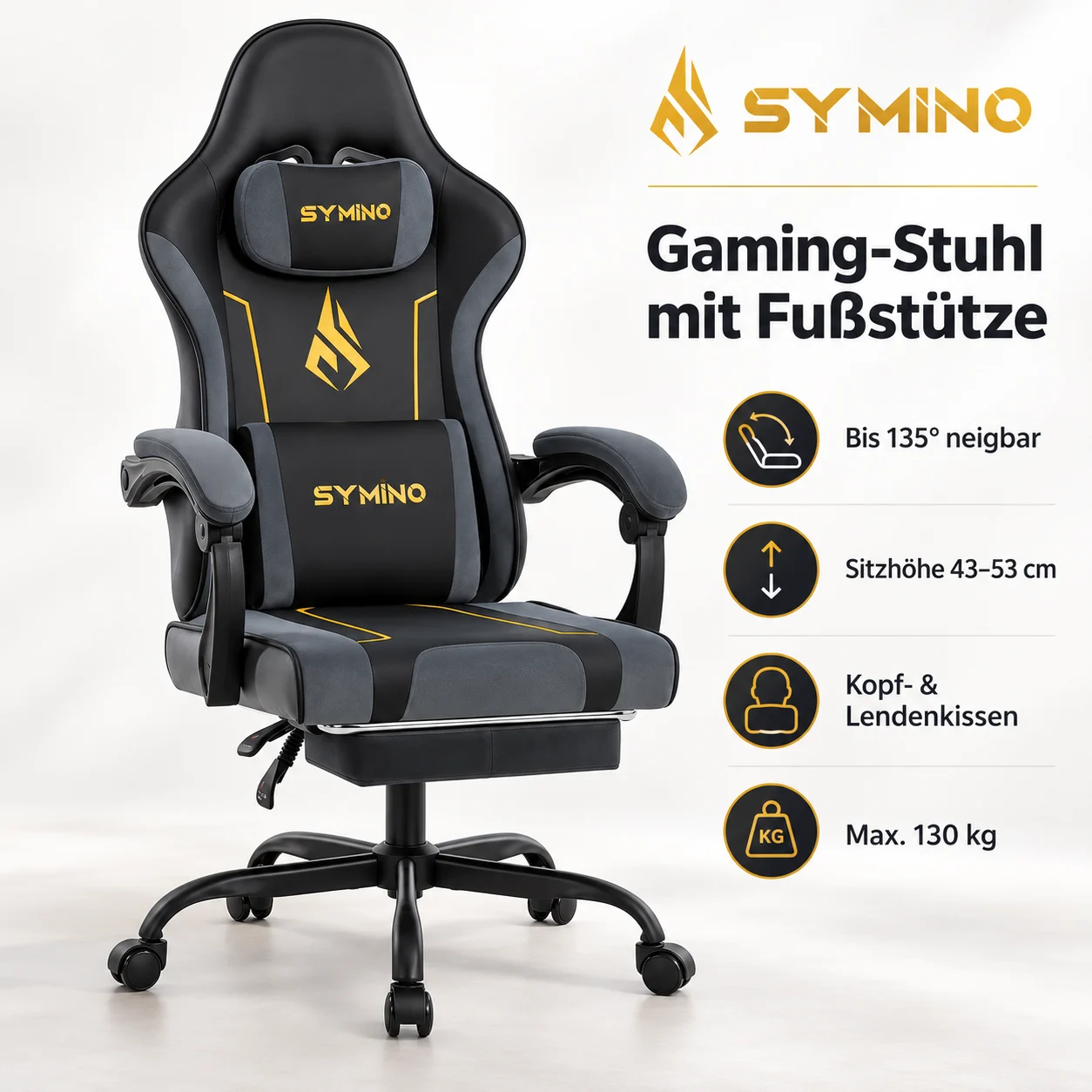 SYMINO Gaming Stuhl Schwarz Fußstütze Bürostuhl Drehstuhl höhenverstellbar 135° SYMINO Gaming Stuhl Schwarz Fußstütze Bürostuhl Drehstuhl höhenverstellbar 135°