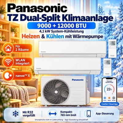 Panasonic TZ Dual Split Klimaanlage 9000+12000 BTU WLAN R32 Inverter nanoe X Set Panasonic TZ Dual Split Klimaanlage 9000+12000 BTU WLAN R32 Inverter nanoe X Set