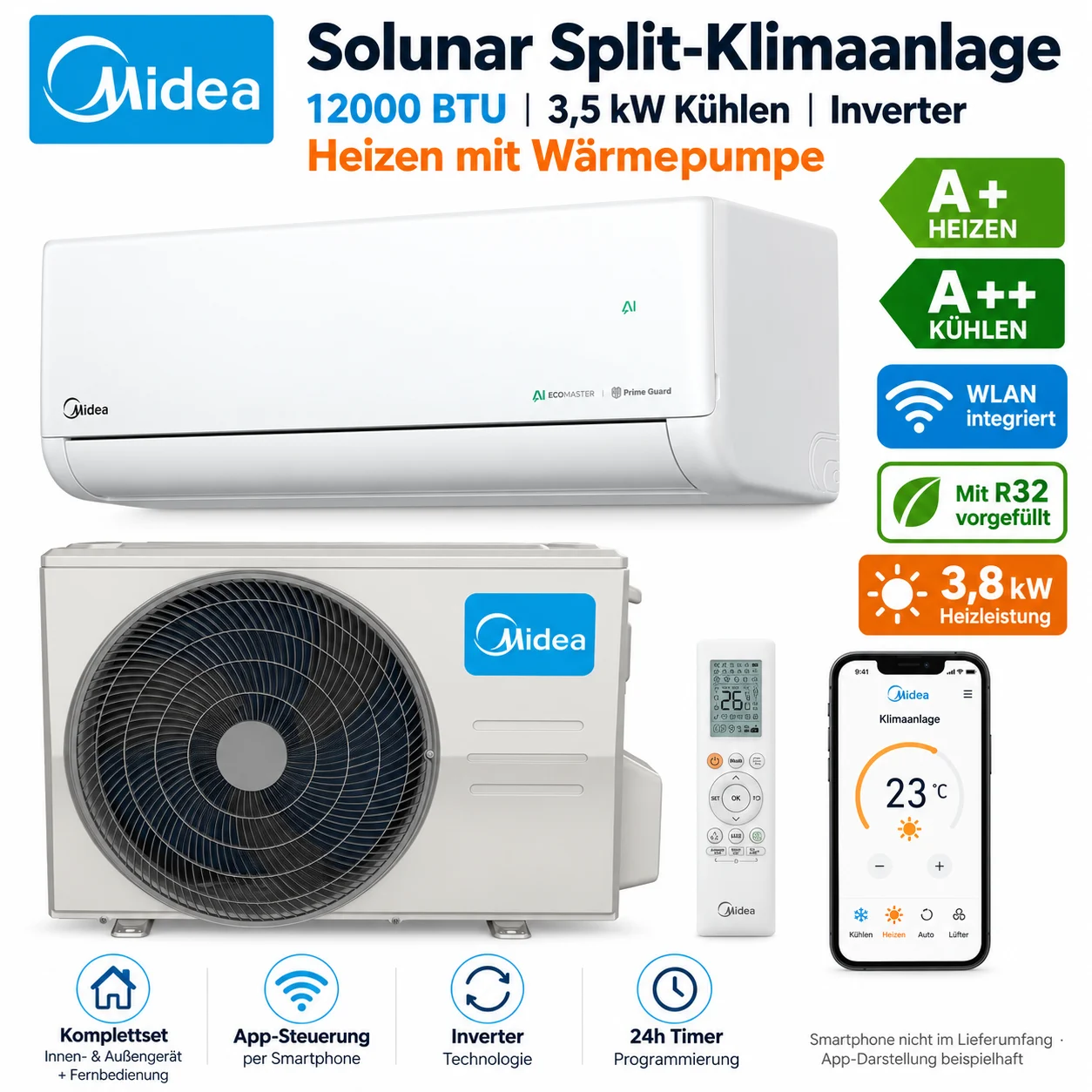 Midea Solunar 35 Klimaanlage 12000 BTU 3,5 kW WLAN R32 A++ Inverter Set Heizen Midea Solunar 35 Klimaanlage 12000 BTU 3,5 kW WLAN R32 A++ Inverter Set Heizen