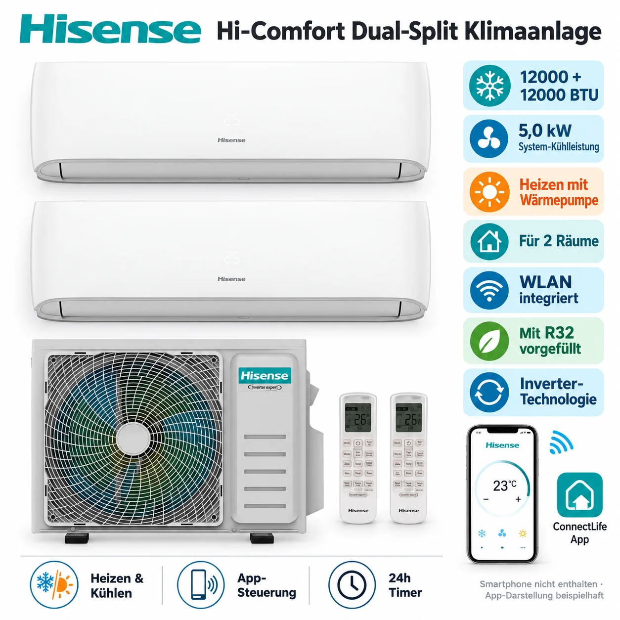 Hisense HiComfort Dualsplit Klimaanlage 12000+12000 BTU WLAN R32 Inverter Heizen Hisense HiComfort Dualsplit Klimaanlage 12000+12000 BTU WLAN R32 Inverter Heizen