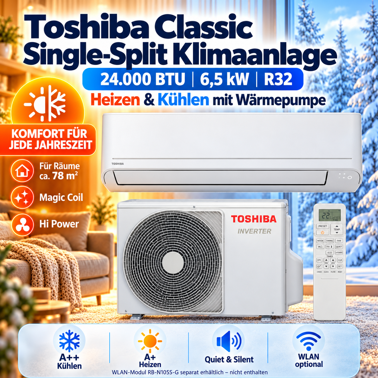 Toshiba Classic 24000 BTU Split-Set mit optionalem WLAN